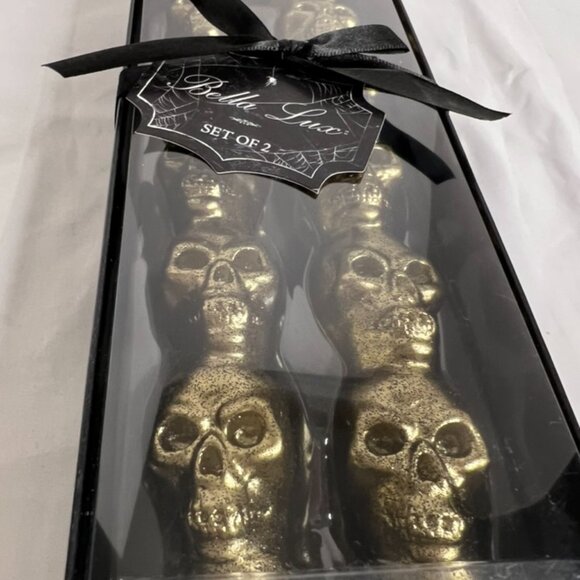 Bella Lux Halloween Skull Taper Candles Set of 2~ Gold 10" Tall - New - Picture 2 of 6